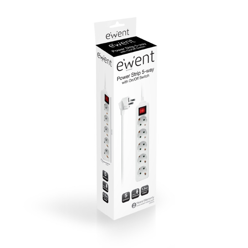 eWent Tomada múltipla de 5 entradas com interruptor luminoso